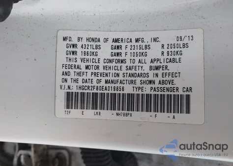 2014 Honda Accord Ex-L z USA, uszkodzony, nr VIN 1HGCR2F80EA019856
